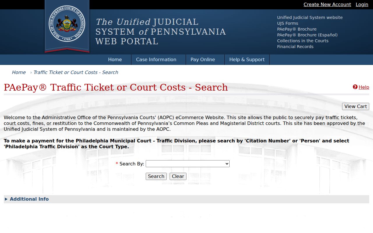 Pennsylvania PAePay court payment interface