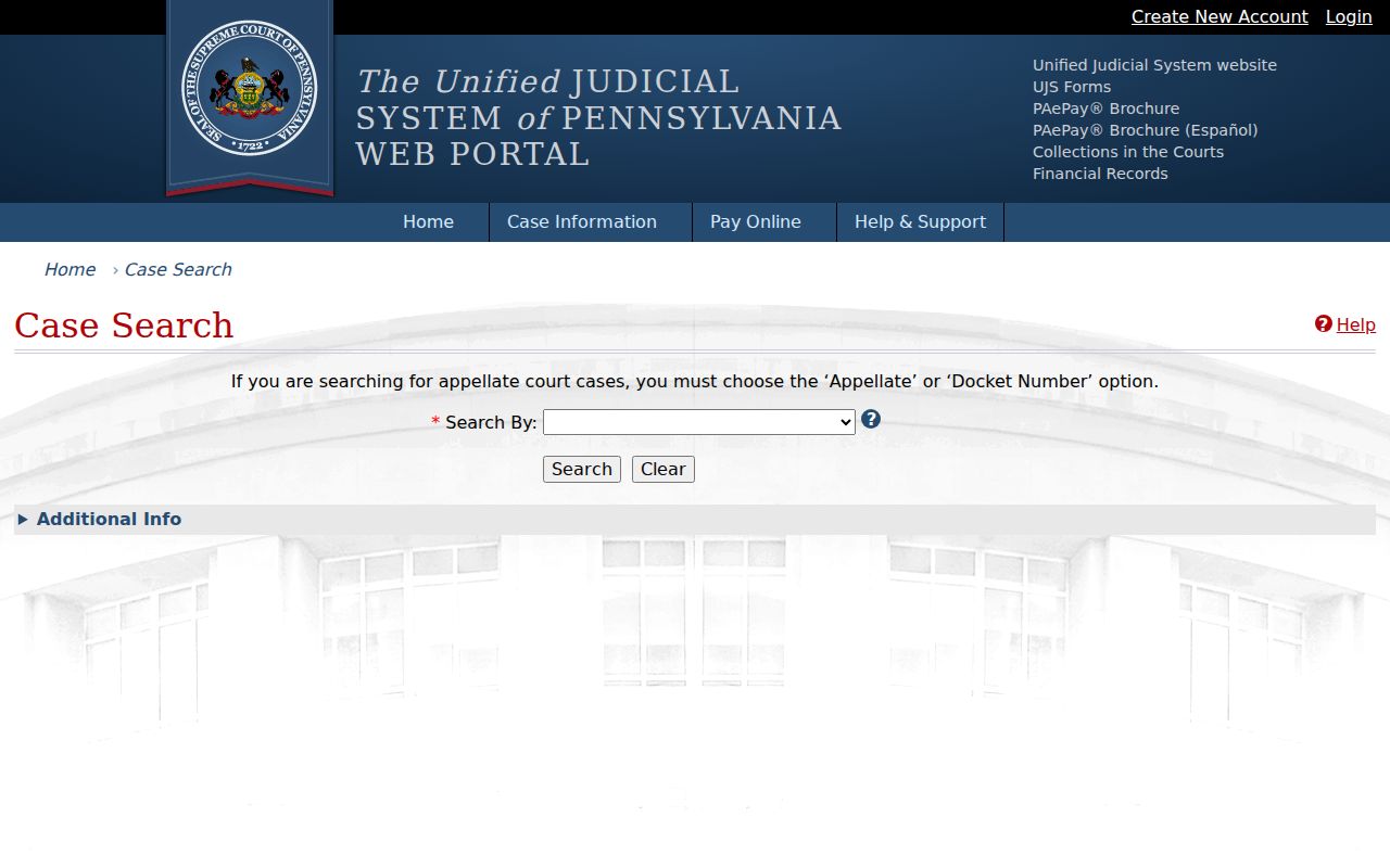 Pennsylvania UJS Case Search interface