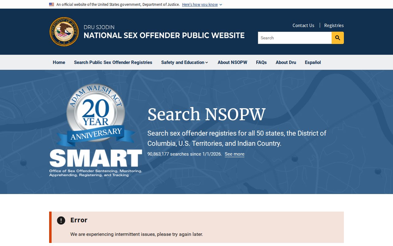 United States Department of Justice NSOPW national registry search interface