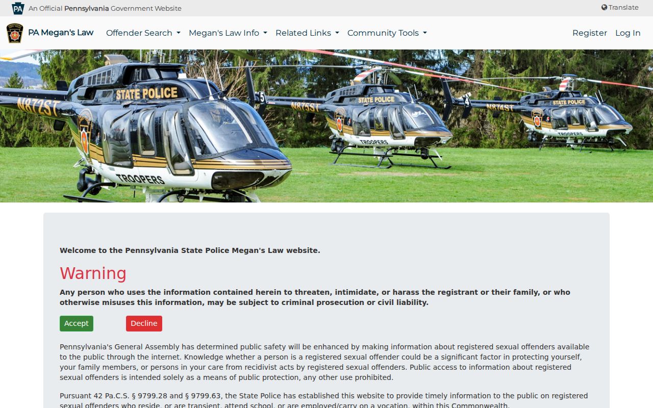 Pennsylvania State Police Megan's Law public registry search landing page